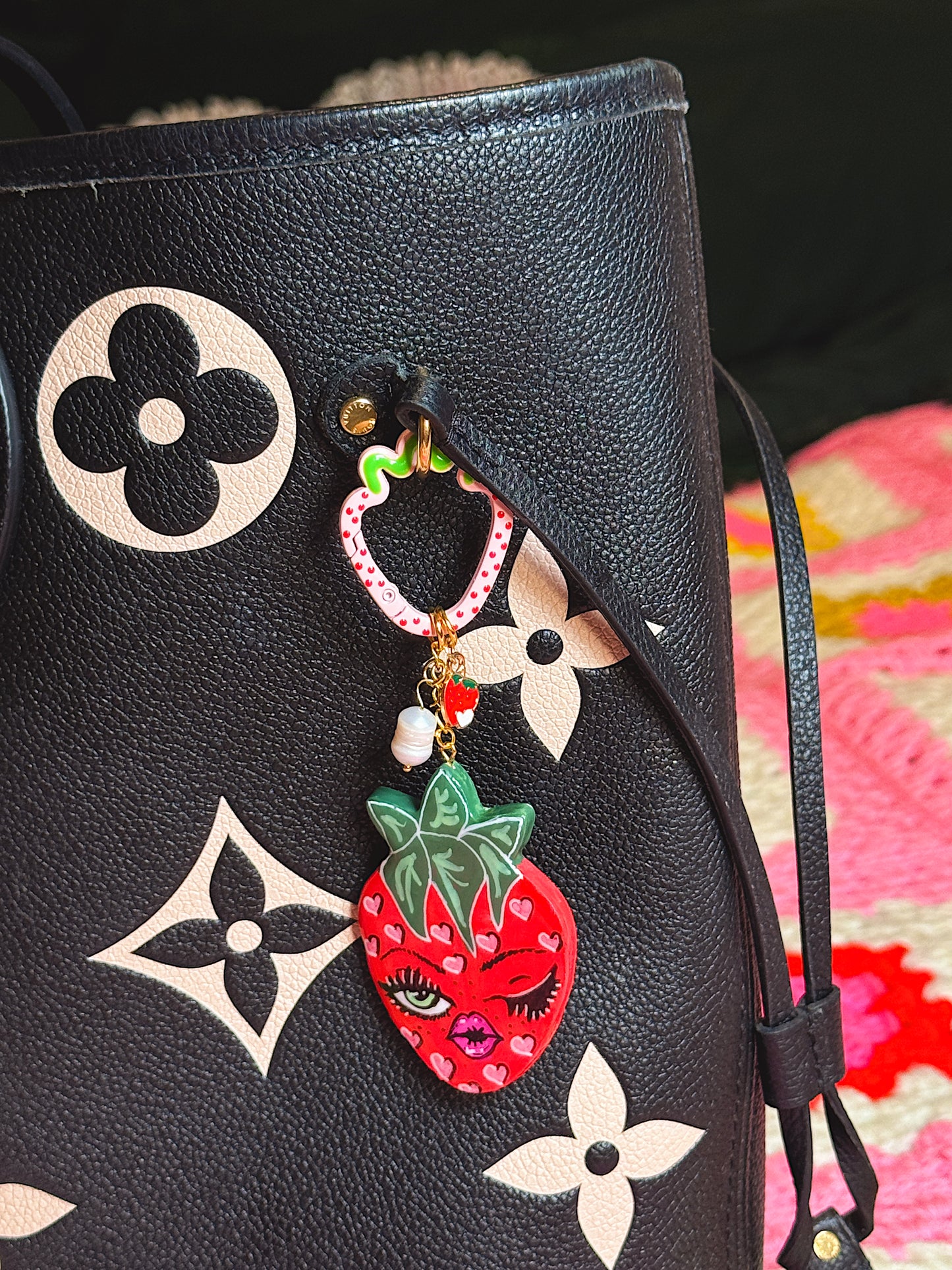 Winking Strawberry Bag Charm – Handmade Strawberry Keychain with Heart Clip