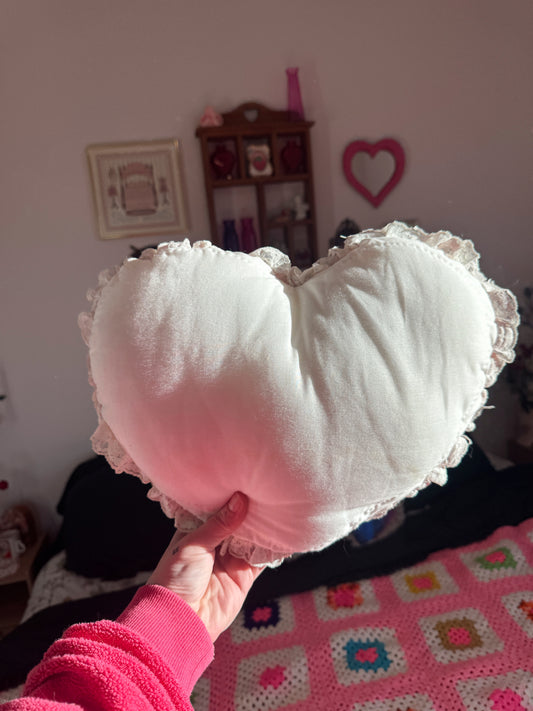 Vintage Lace & Ribbon Heart Pillow – Red & White Ruffled Valentine Décor (13”)