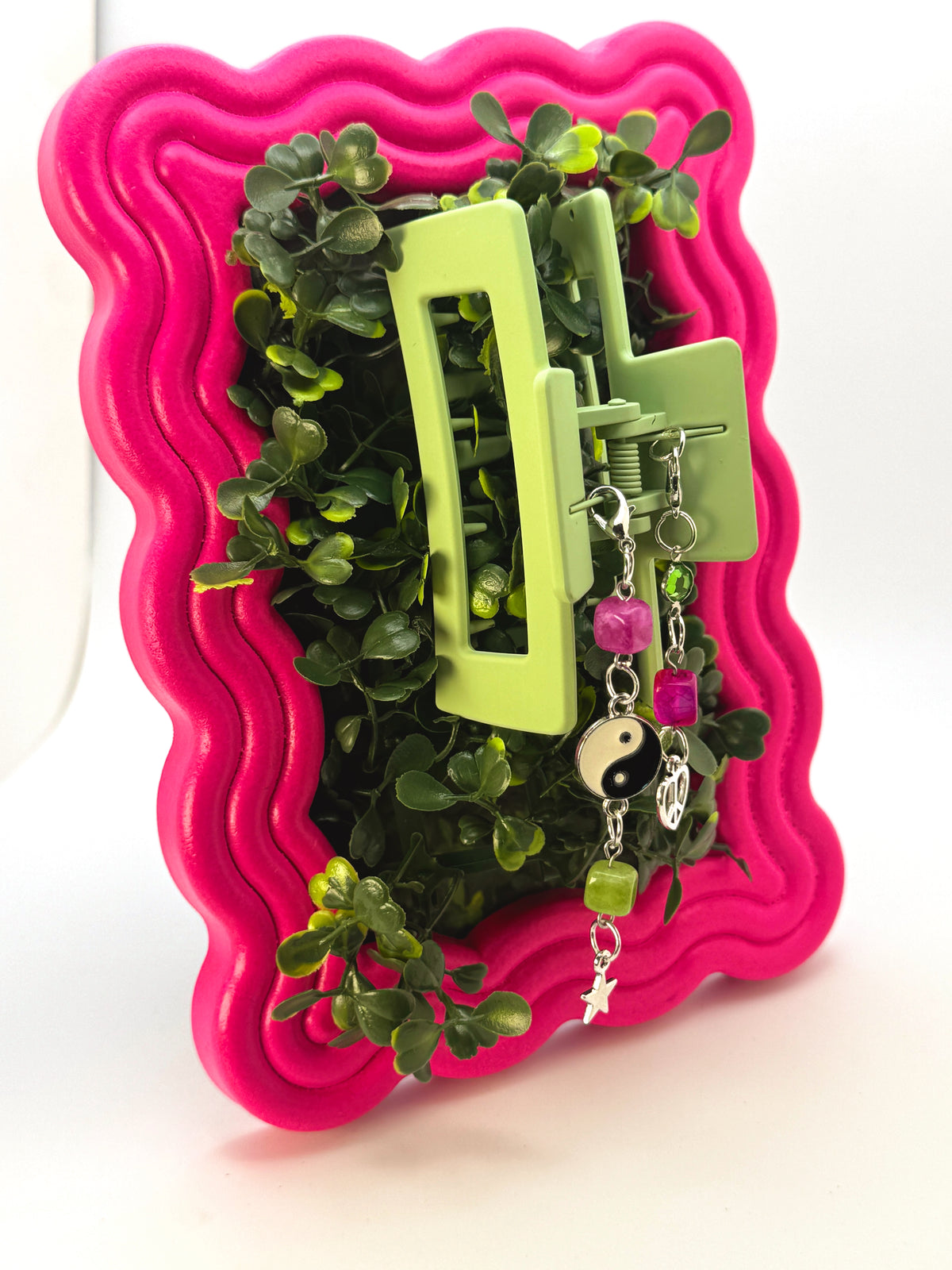 Green Medium Claw Clip with Handmade Beaded Charms | Removable Charm Clip | 3.1”