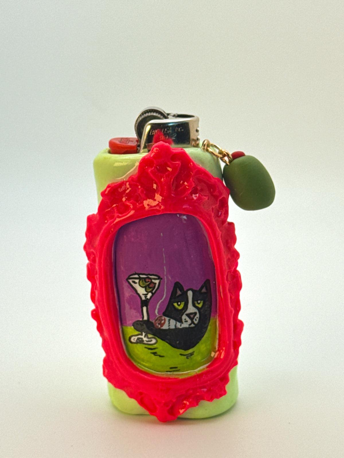 Vintage Frame Martini Kitty Case with charm| Fits Standard Bic | Handmade Polymer Clay Art