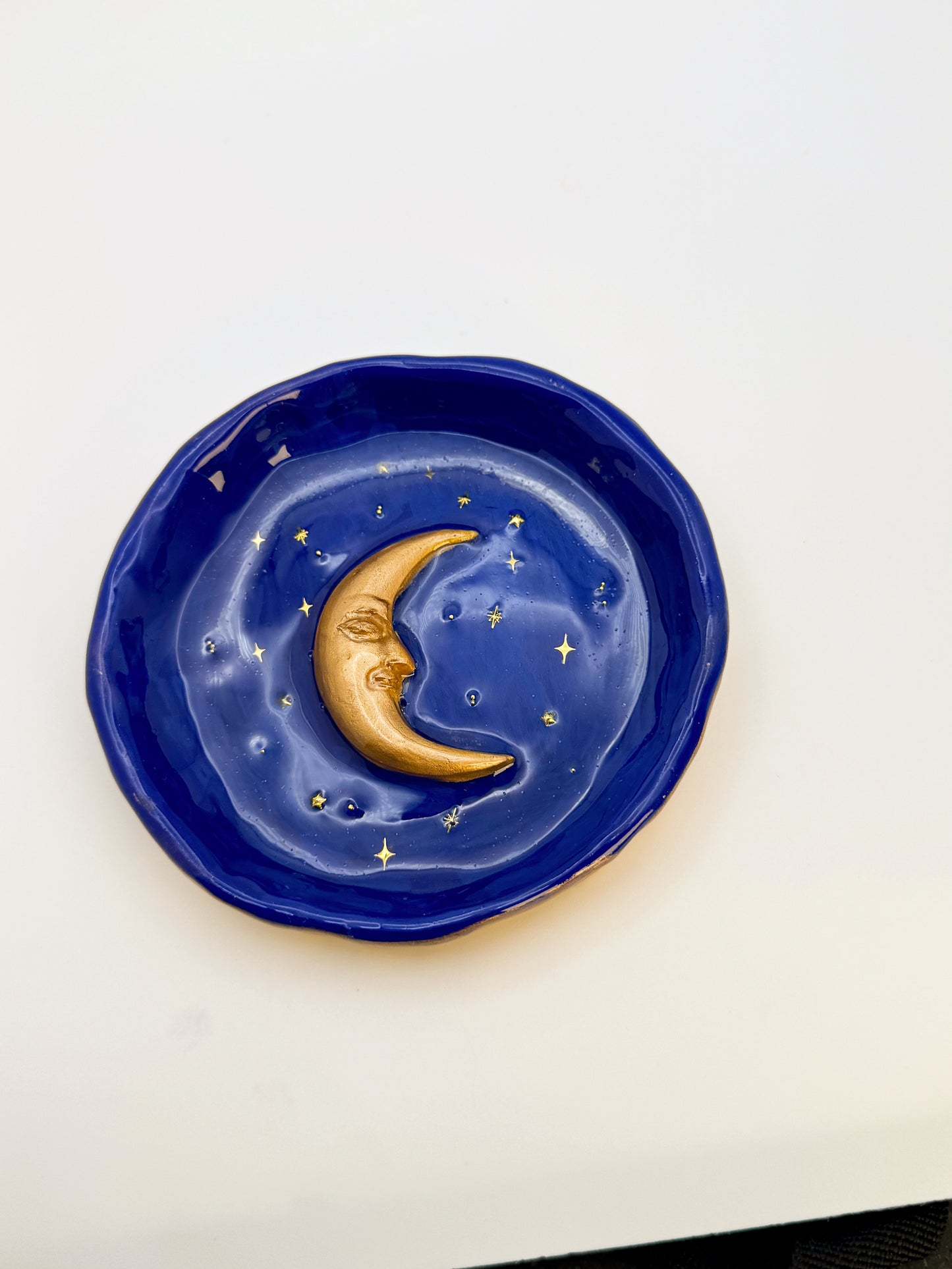 Handmade 90s Celestial Moon Trinket Dish – 4.5” Polymer Clay Starry Night Dish – Blue & Gold Jewelry Dish