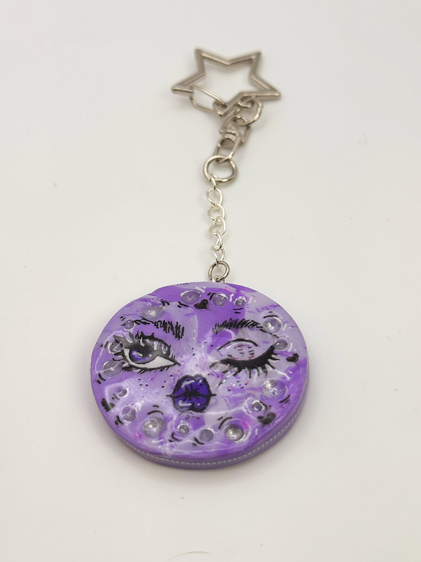 Winking Moon Keychain & Bag Charm – Hand-Painted Celestial Charm with Star Clip