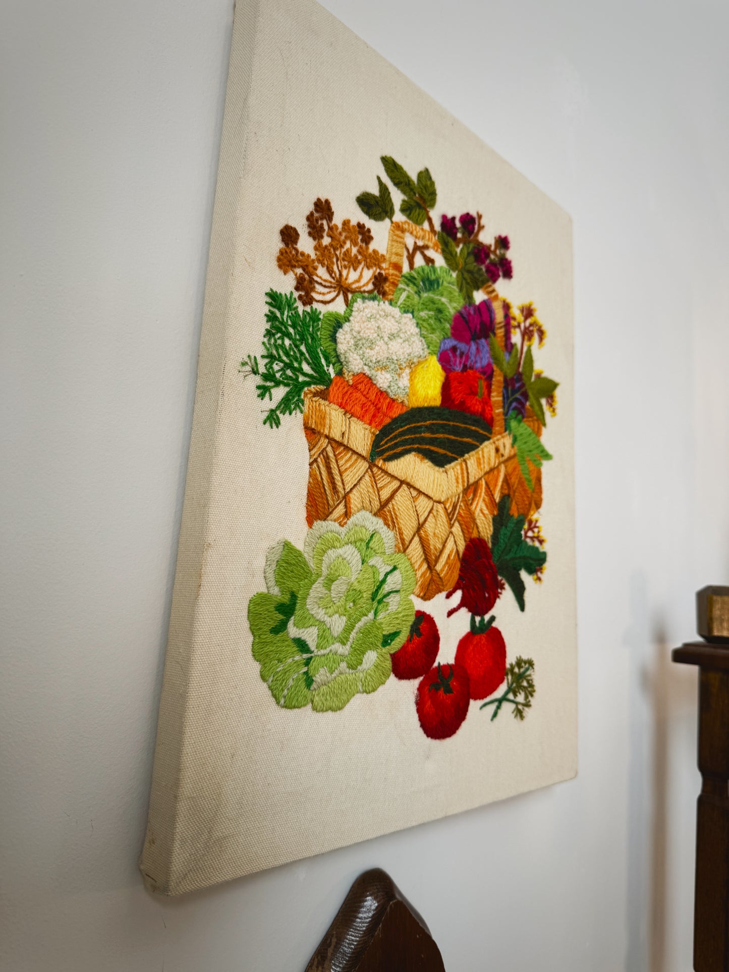 1980 Creative Circle Completed Crewel – "Vegetable Basket" Harvest Wall Art