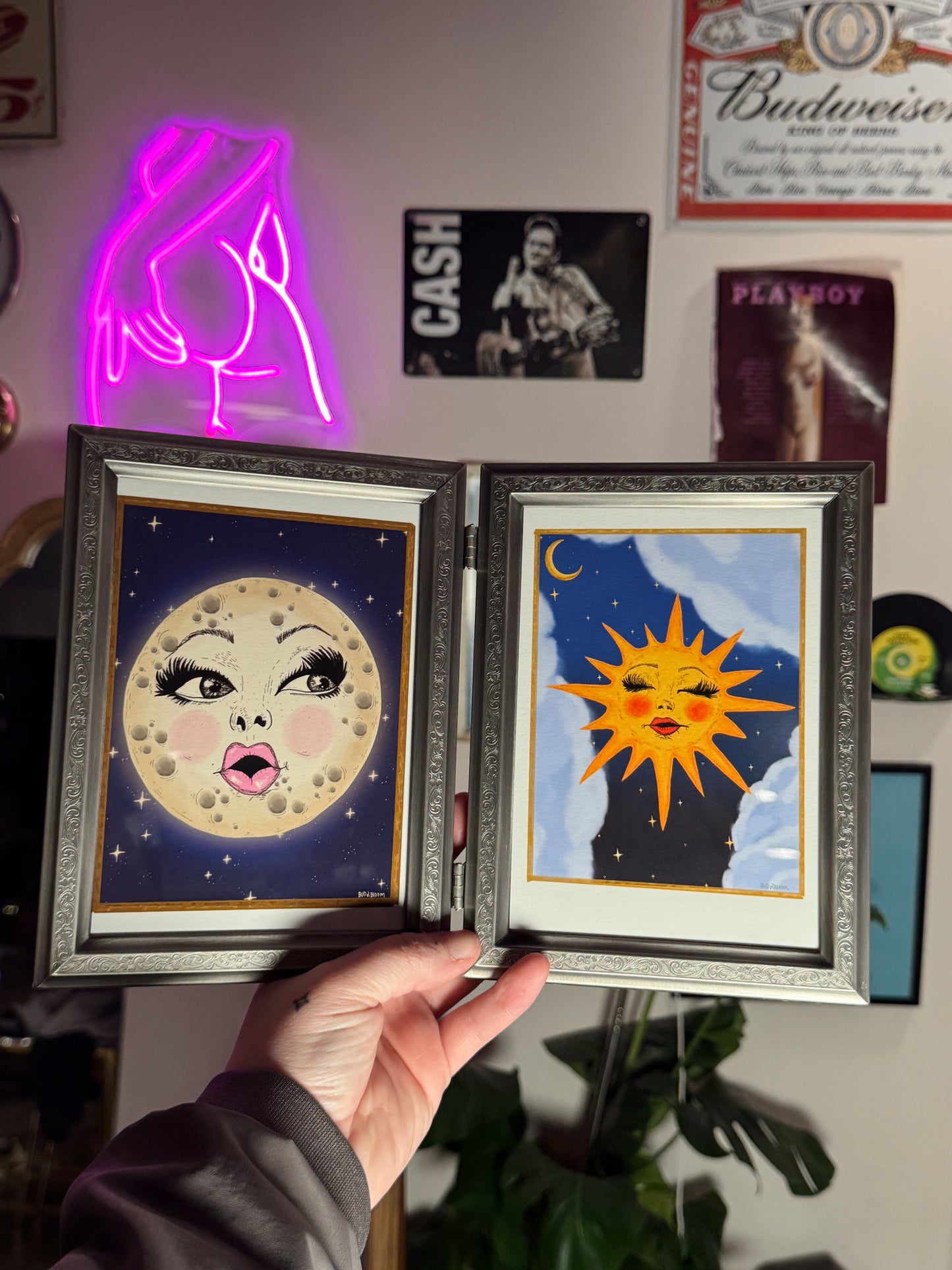 Vintage Hinged Double Frame with Sun & Moon Art Prints – Celestial Wall or Table/Shelf Display