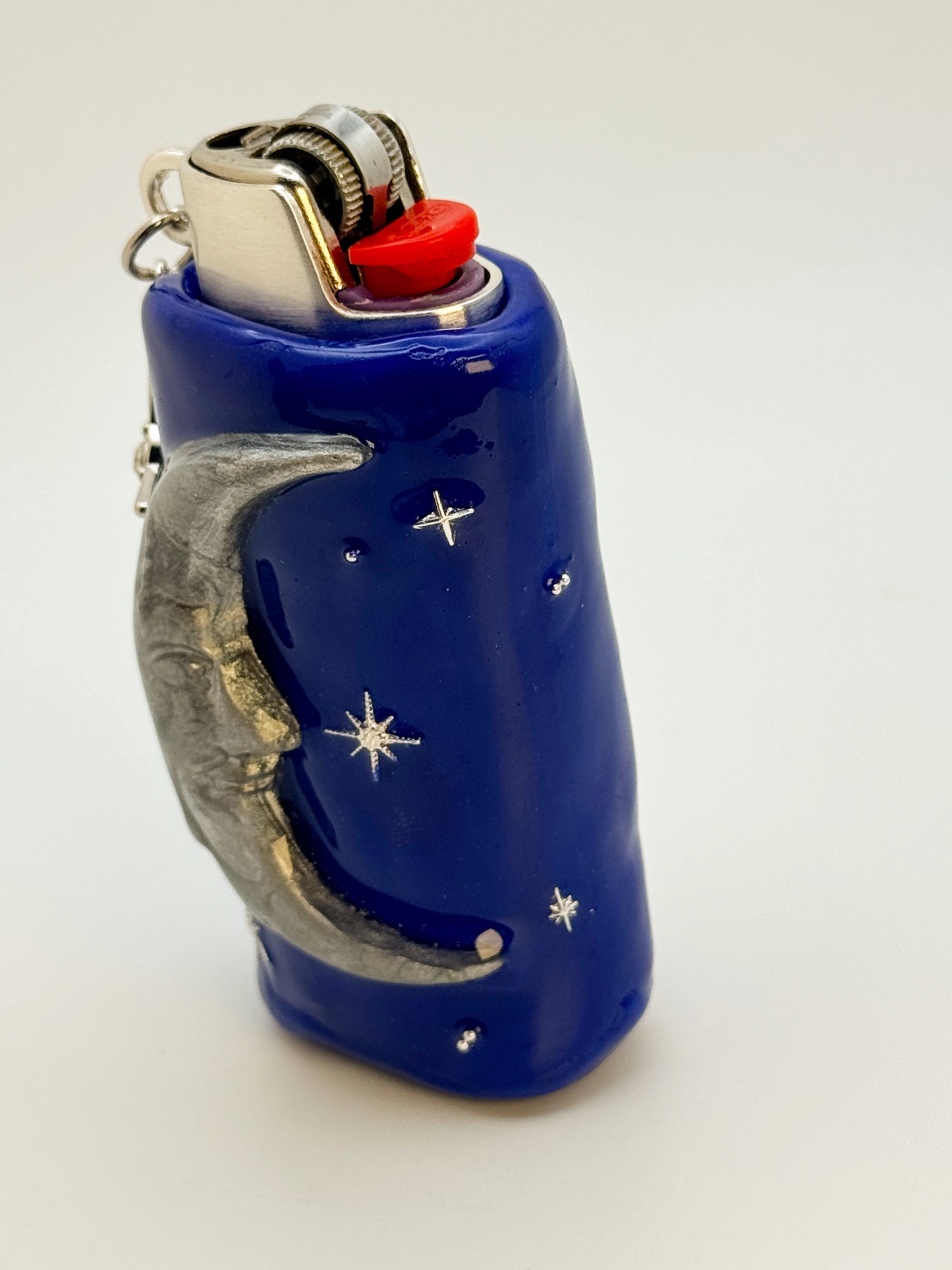 Handmade 90s Celestial Moon Lighter Case – Deluxe Metal Insert + Charm – Polymer Clay Starry Night Cover (Fits Standard Bic)