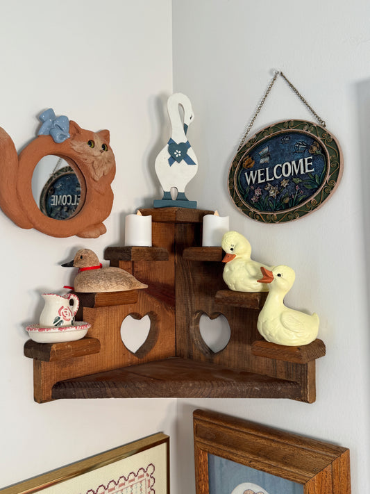 Vintage Wooden Corner Curio Shelf with Heart Cutouts | Cottagecore Trinket Display