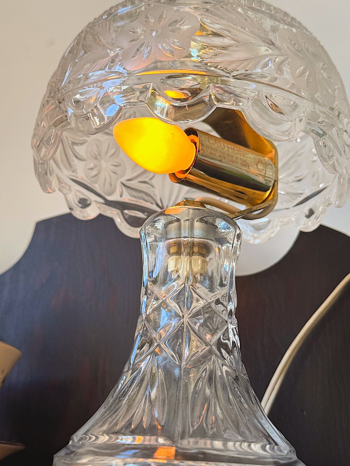 Vintage Lead Crystal Mushroom Boudoir Lamp - Etched Floral Pattern