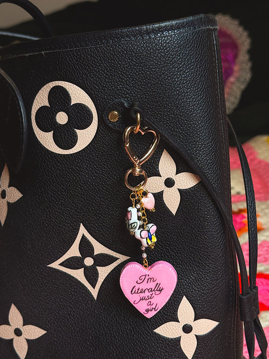I’m Literally Just a Girl Keychain – Handmade Heart Bag Charm with Gold Clip