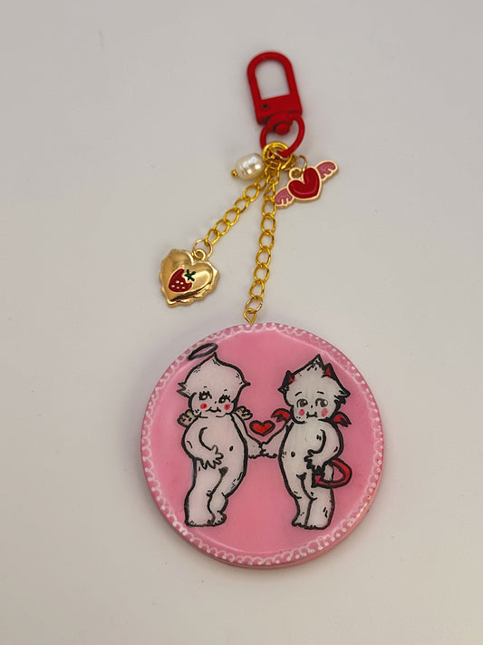 Kewpie-Inspired Cherub Bag Charm – Pink Angel & Devil Heart Keychain