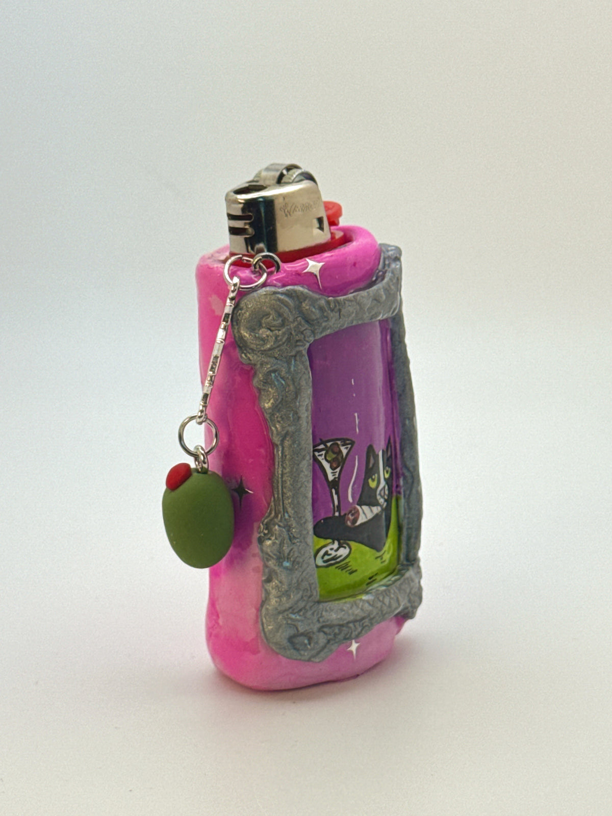 Vintage Frame Martini Kitty Case with charm| Fits Standard Bic | Handmade Polymer Clay Art