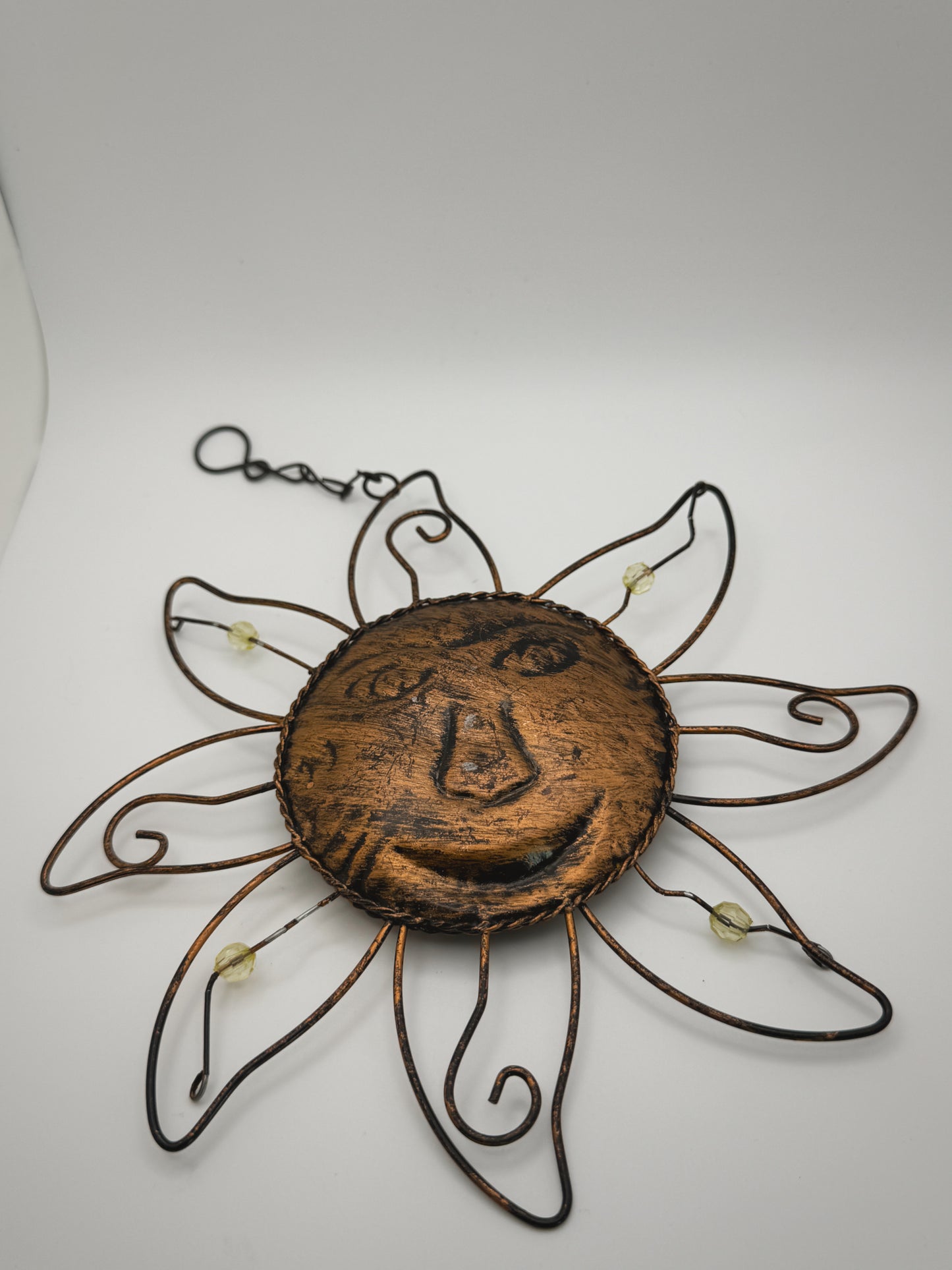 Handcrafted Celestial Sun Face – 11” Beaded Wire Wall Hanging