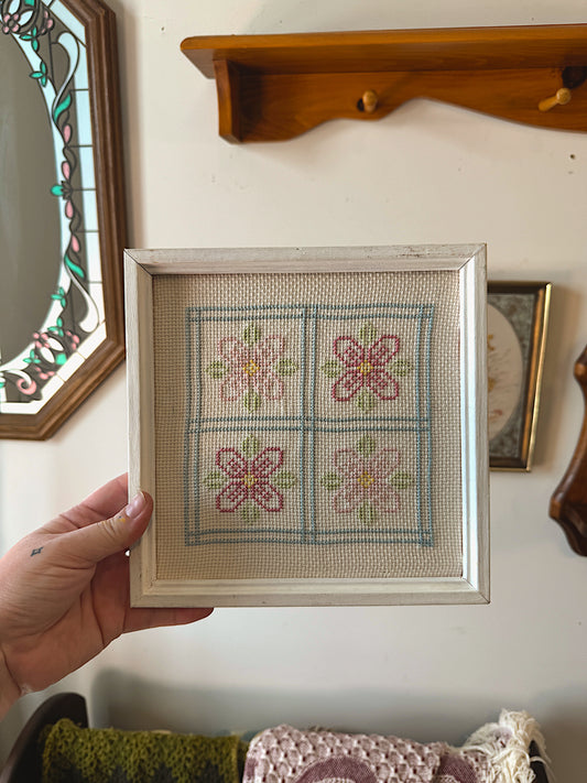 Vintage 1995 Handcrafted Cross Stitch Wall Art – Floral Cottagecore Decor – Framed Needlepoint