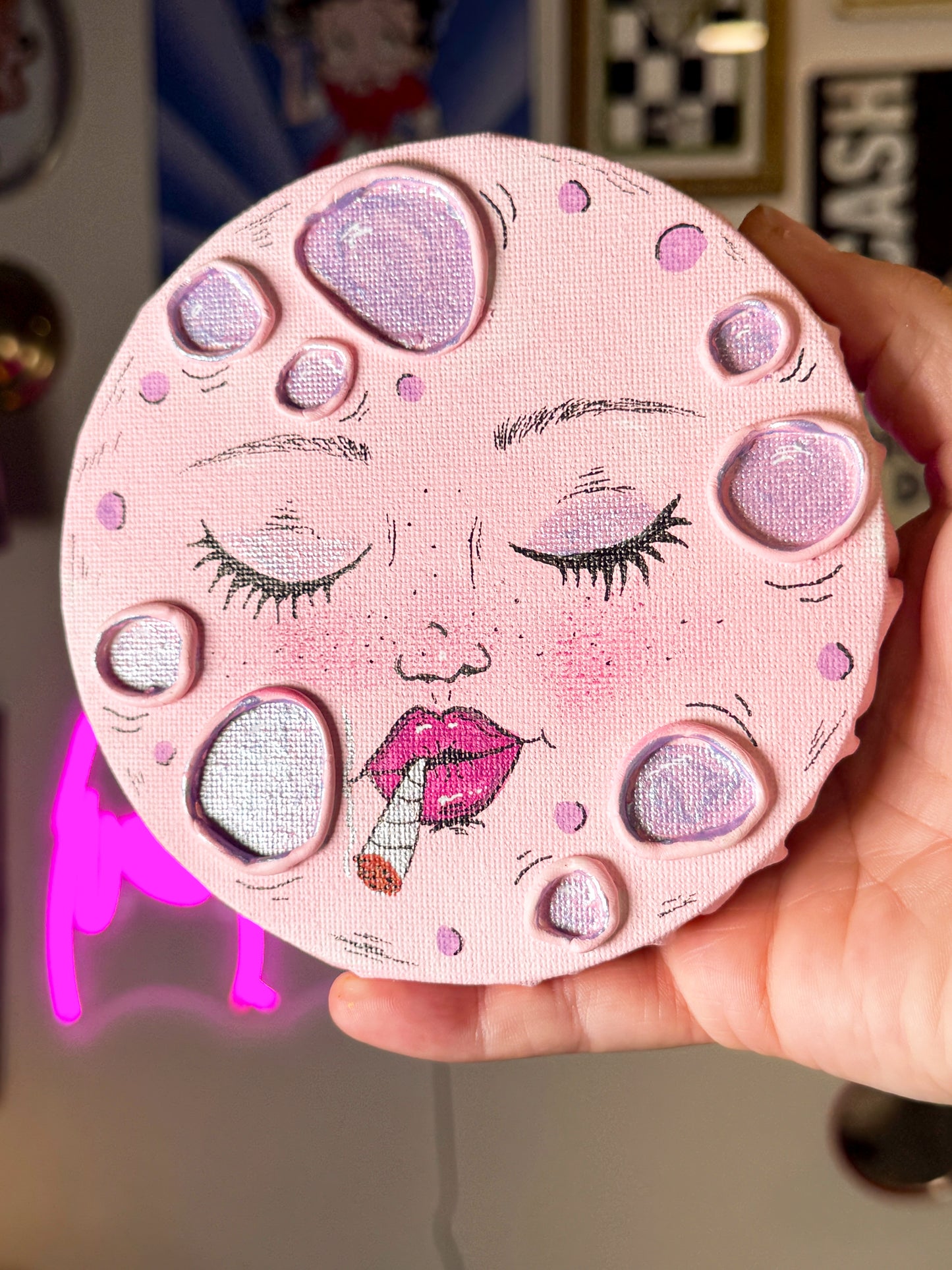 Smoking Moon – Hand-Painted Moon Face Wall Art (5” Textured Canvas)