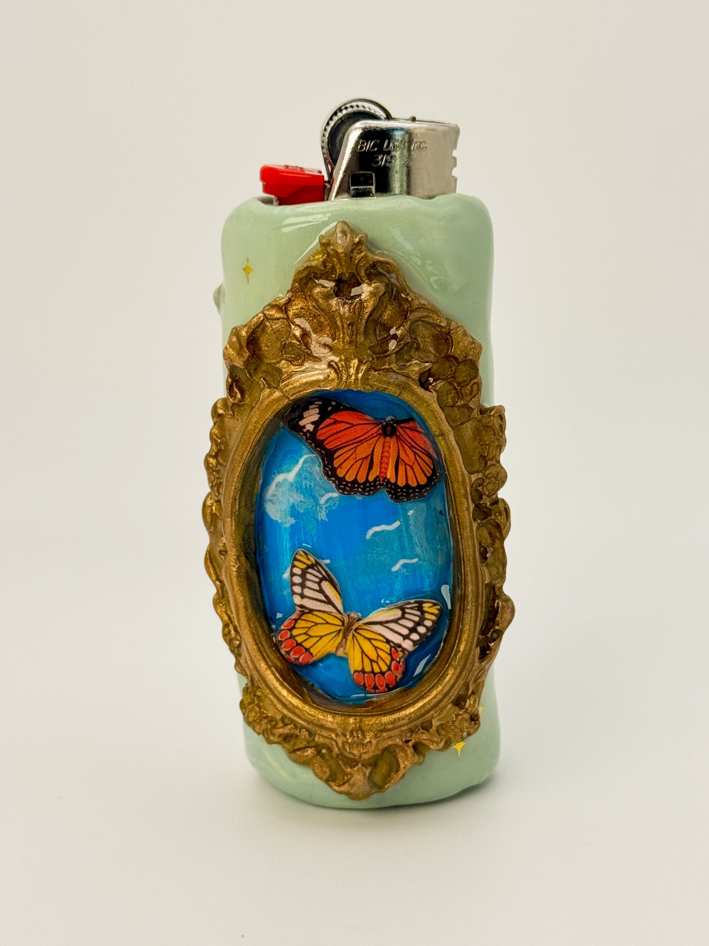 Butterfly Garden Polymer Clay Lighter Case – Vintage Portrait Style