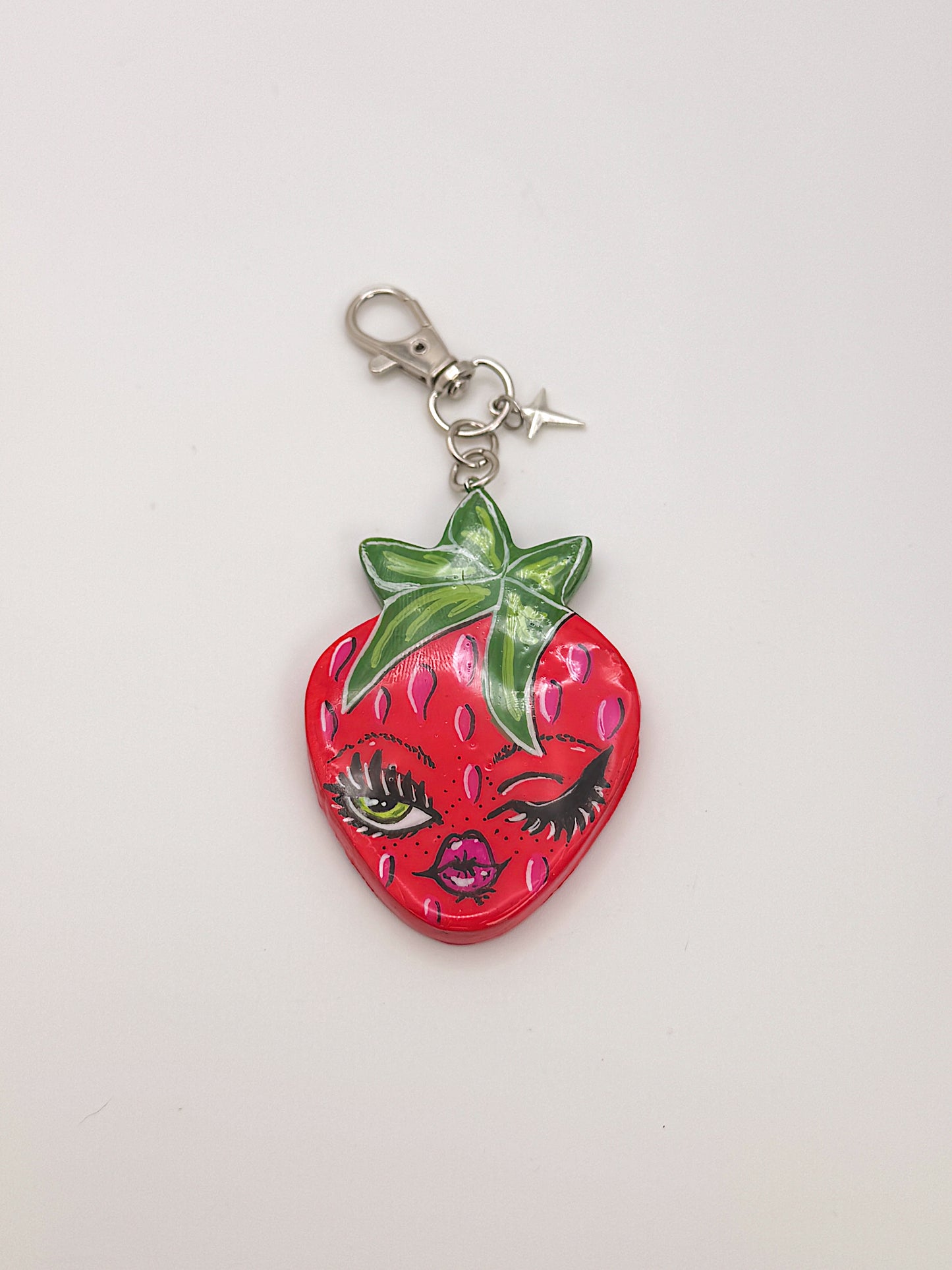 Winking Strawberry Keychain — Hand-Painted Strawberry Face Charm