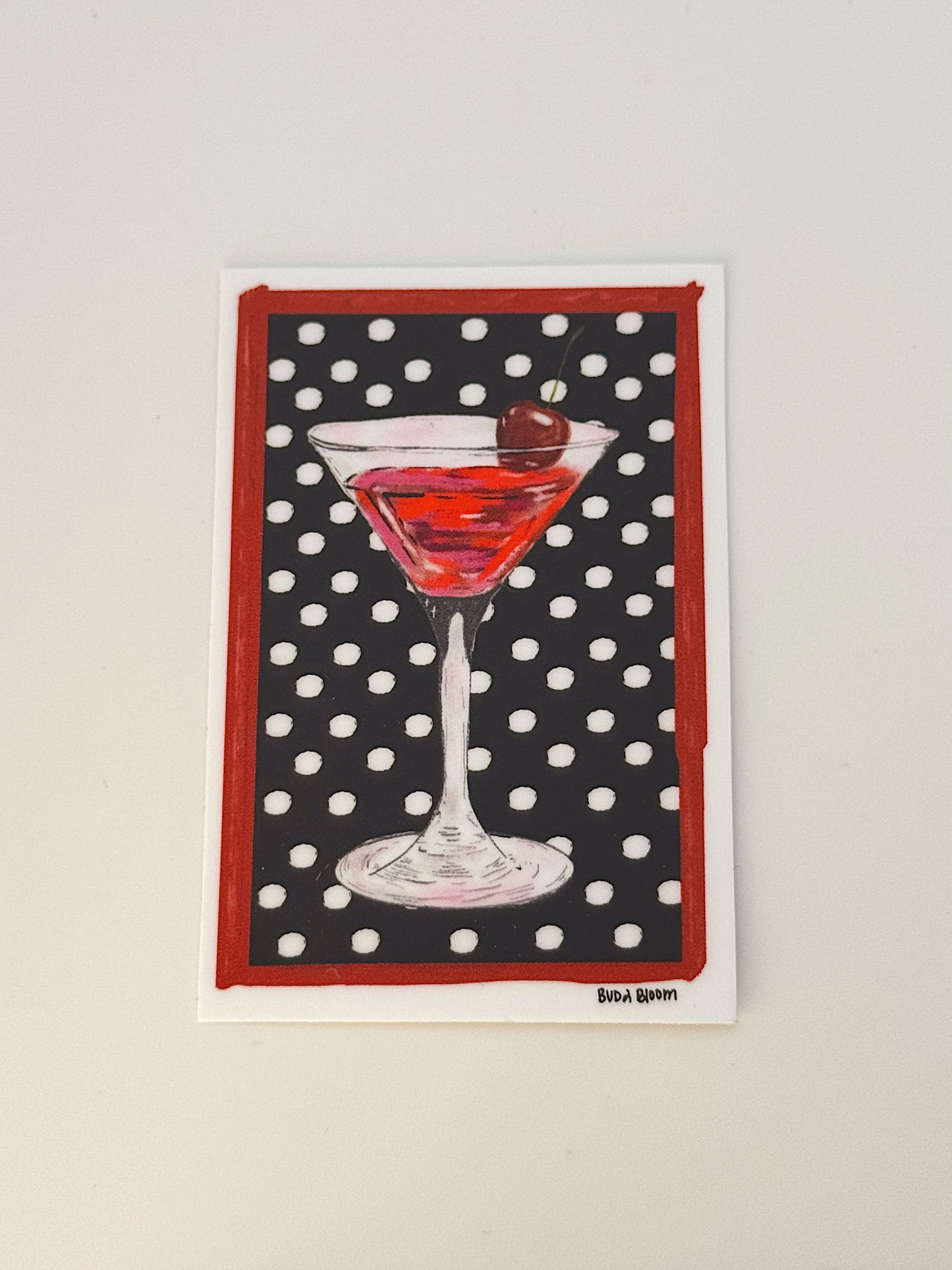 Cherry Martini Sticker – Polka Dot Cocktail Vinyl Sticker, Retro Bar Aesthetic Art