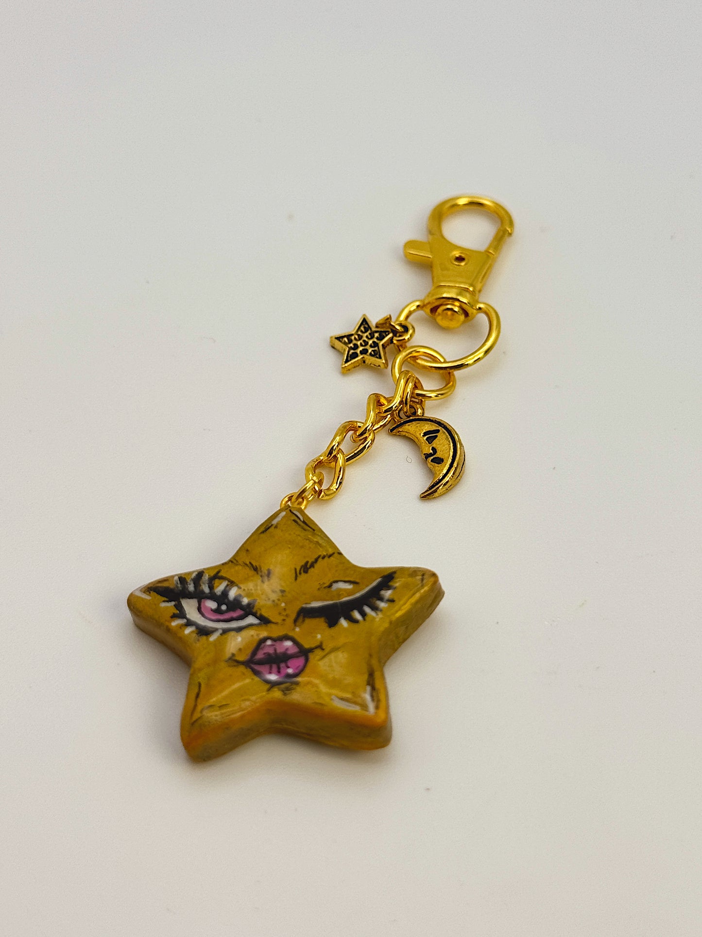 Mini Star Face Bag Charm – Hand-Painted Celestial Keychain with Gold Hardware