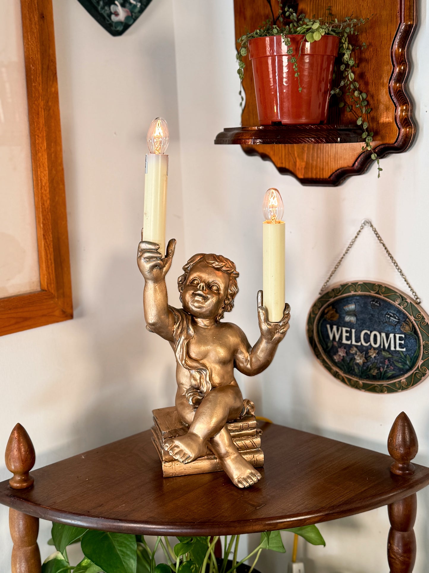 Vintage Cherub Double Candle Lamp Sitting on Books | Gold Angel Table Lamp