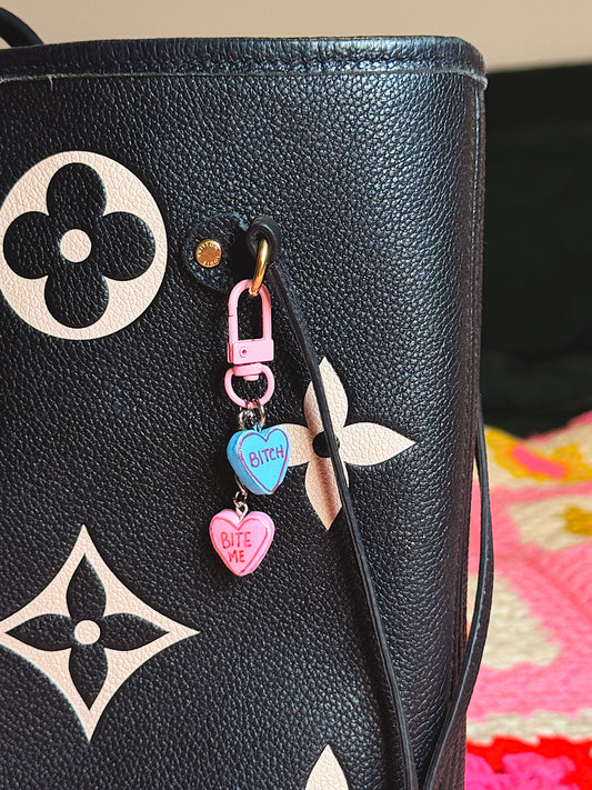 Sassy Conversation Hearts Bag Charm – Pink Clip with Bold Statement Heart Charms