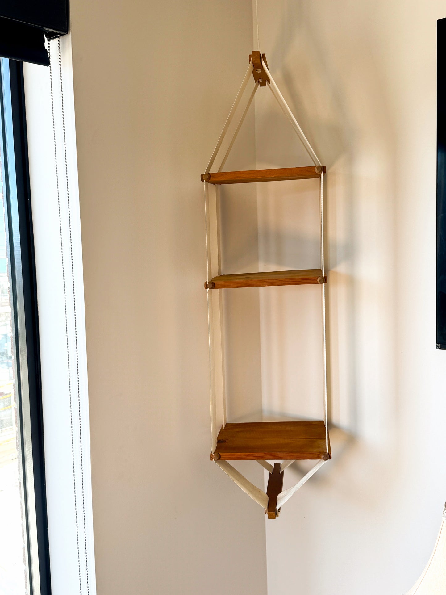 Vintage MCM Floating Canvas Hanging Shelf - Boho Hanging Plant Stand - 55" Tall