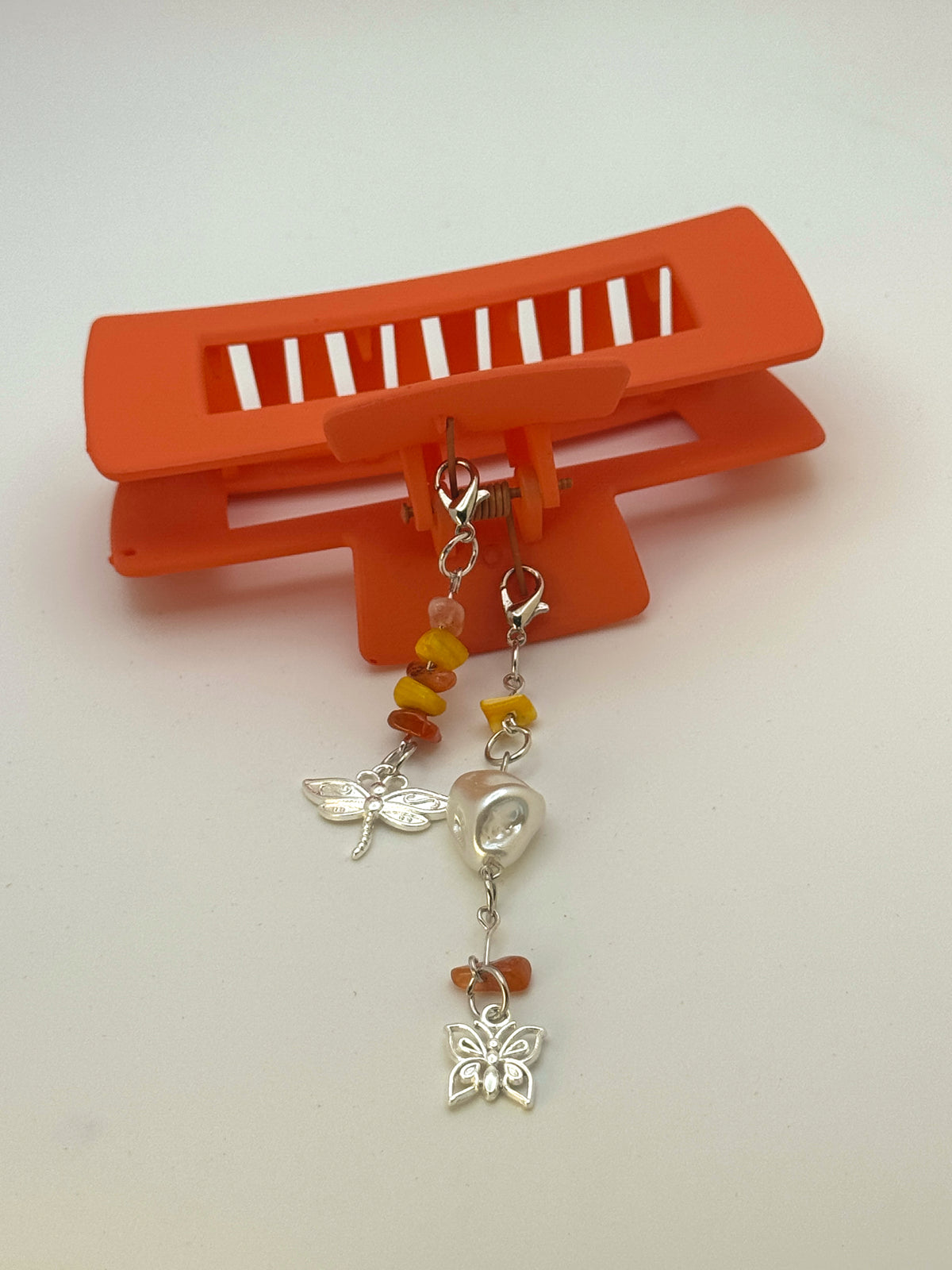Orange Large Claw Clip with Handmade Beaded Charms | Removable Charm Clip | 4.1”
