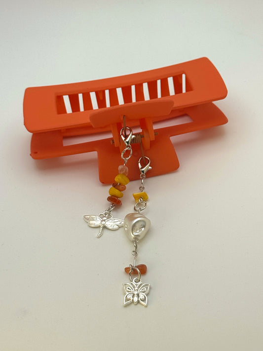 Orange Large Claw Clip with Handmade Beaded Charms | Removable Charm Clip | 4.1”
