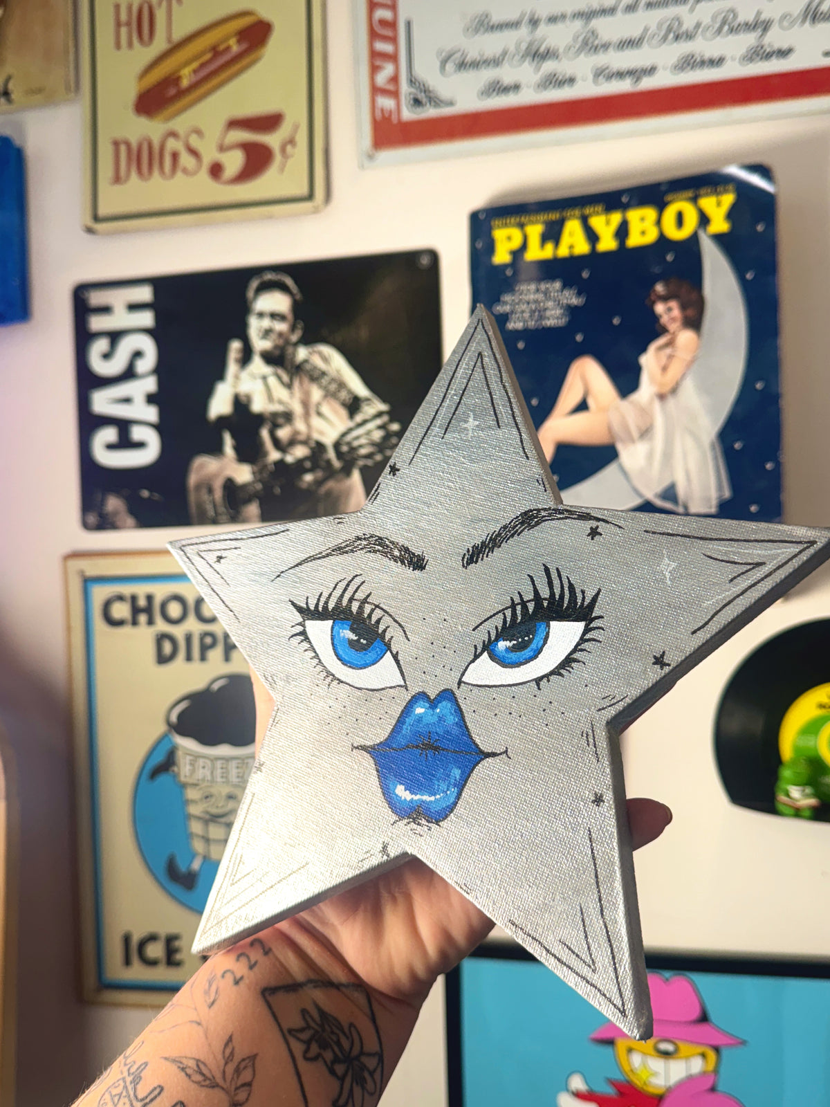 Silver Celestial Star Wall Art – Hand-Painted Star Face Decor— Original 10” Canvas Art