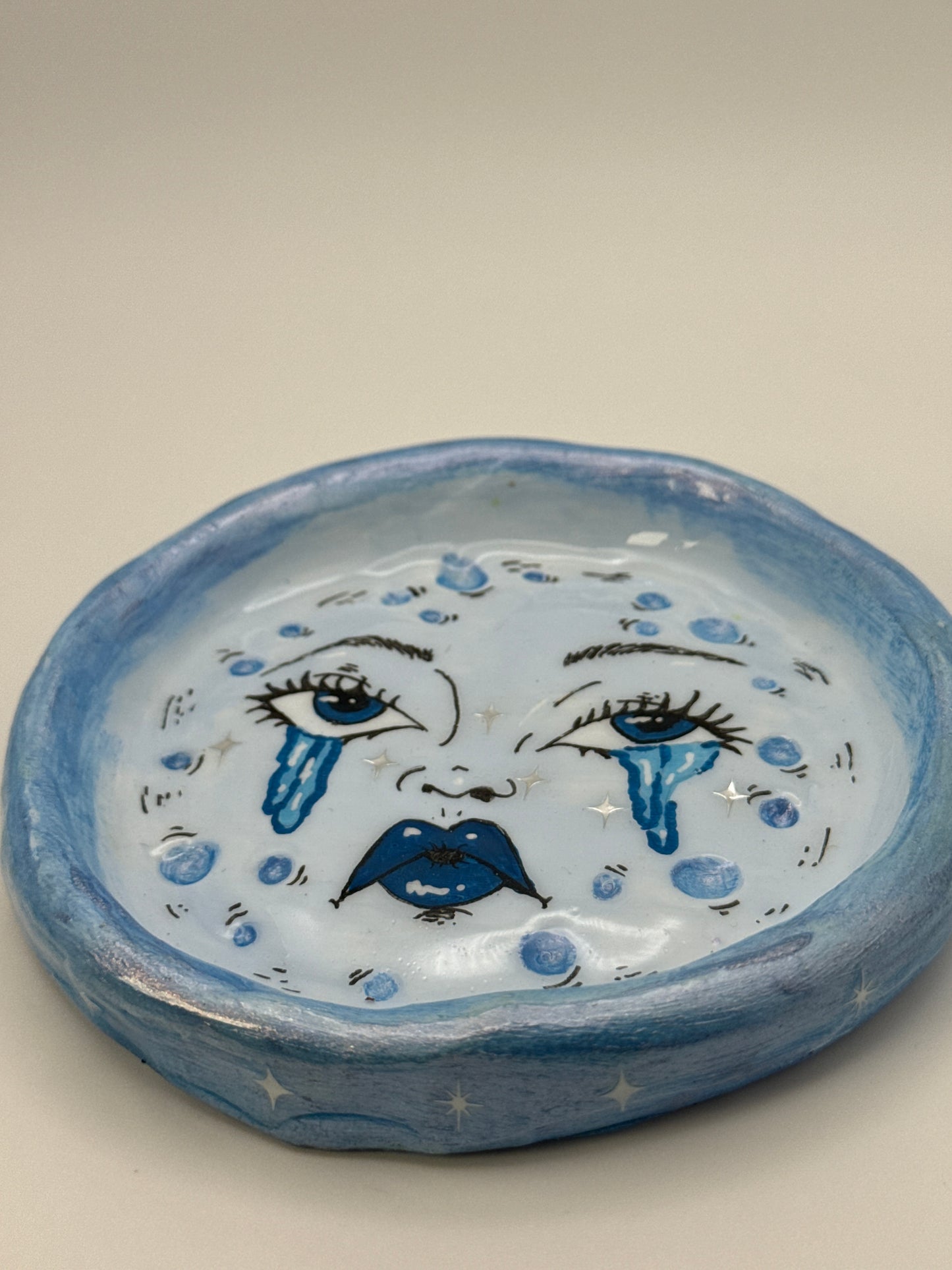 Sad Girl Moon Trinket Dish | Blue Celestial Ring Dish | Handmade (5.5”)
