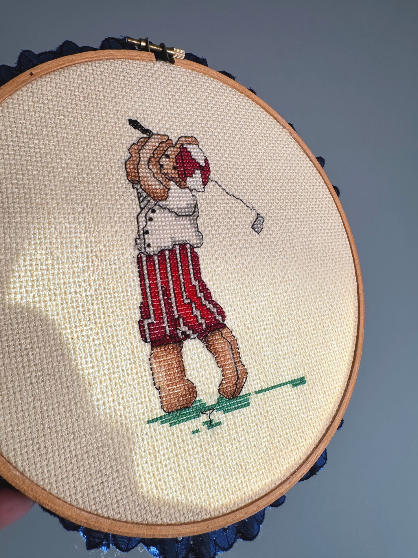 Vintage Golfing Bear Cross Stitch Wall Hanging | Framed Embroidery Hoop Art