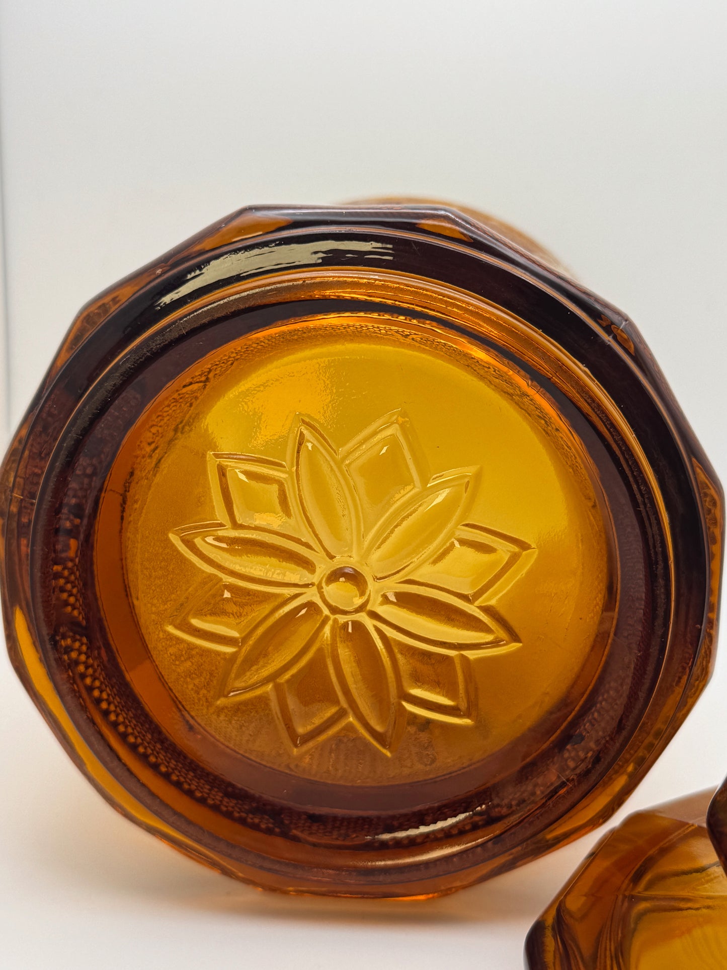 Vintage Amber Glass Lidded Canister Jar • Floral Pressed Glass • Heavy Indiana-Style Storage Jar