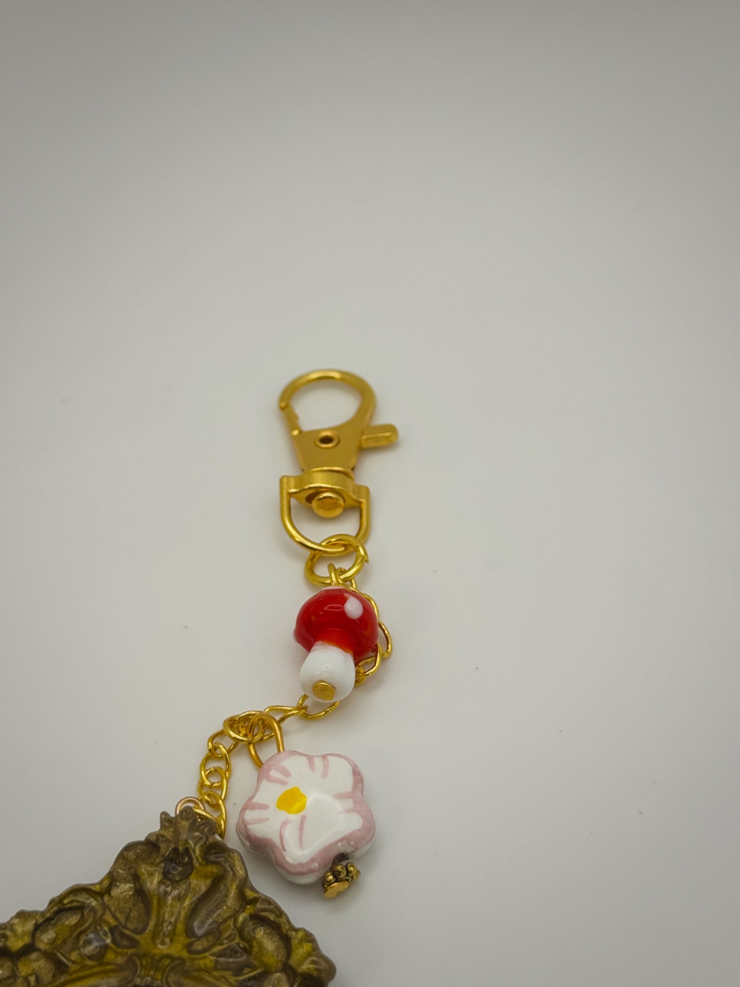 Vintage Frame Snail on Mushroom Keychain – Handmade Polymer Clay Bag Charm