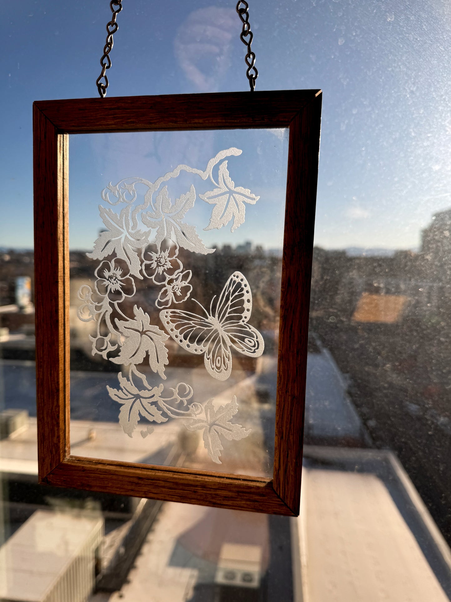 Vintage Etched Glass Butterfly Window Hanging | Wood Frame Suncatcher