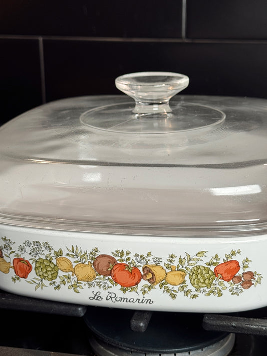 Vintage CorningWare “Le Romarin” 10x10 Casserole Dish with Glass Lid