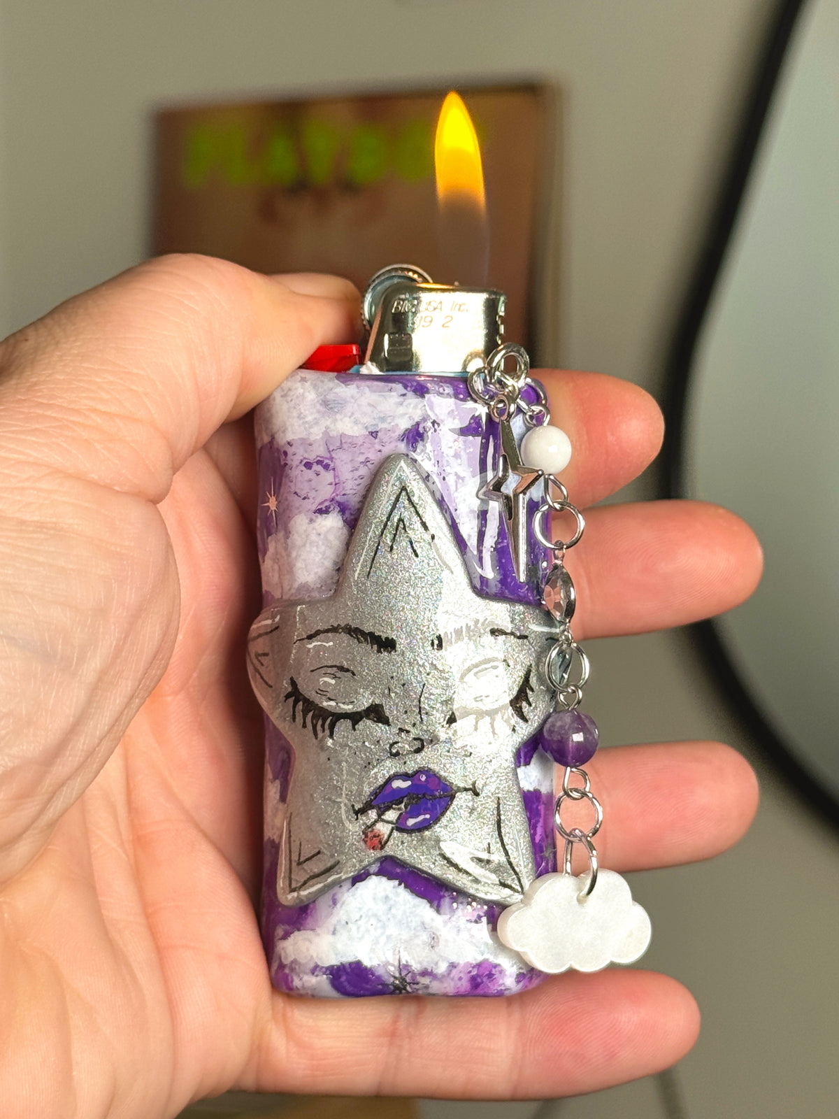 Head In The Clouds Star Lighter Case with charm| Fits Standard Bic | Handmade Polymer Clay Art