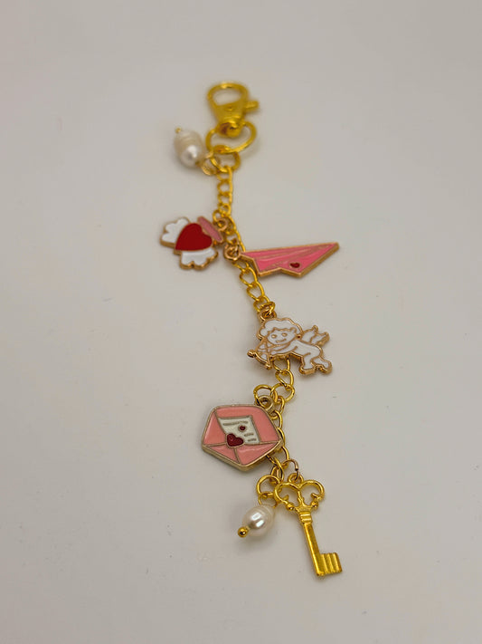 Cupid Love Bag Charm with Heart Clip – Gold Chain Charm with Pearls, Key & Valentine Enamel Charms