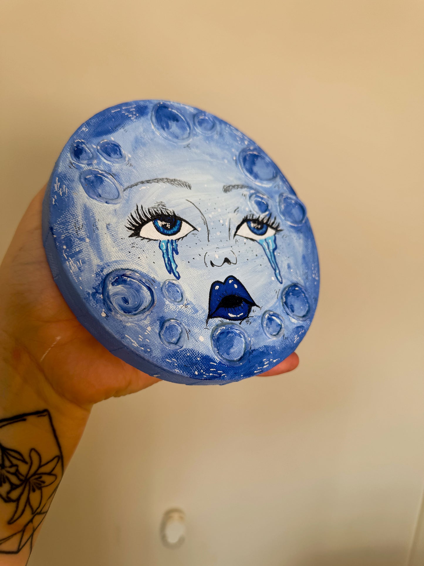 Sad Girl Moon – Hand-Painted Moon Face Wall Art (6” Textured Canvas)