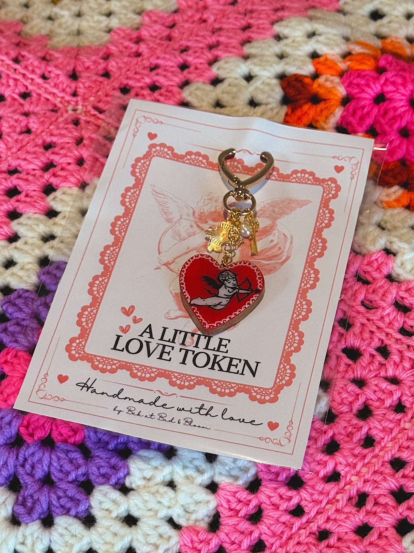 Cherub Heart Bag Charm – Handmade Cupid Keychain with Gold Heart Clip