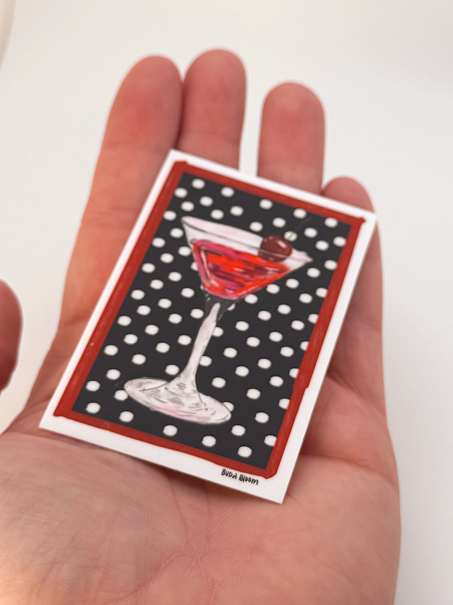 Cherry Martini Sticker – Polka Dot Cocktail Vinyl Sticker, Retro Bar Aesthetic Art