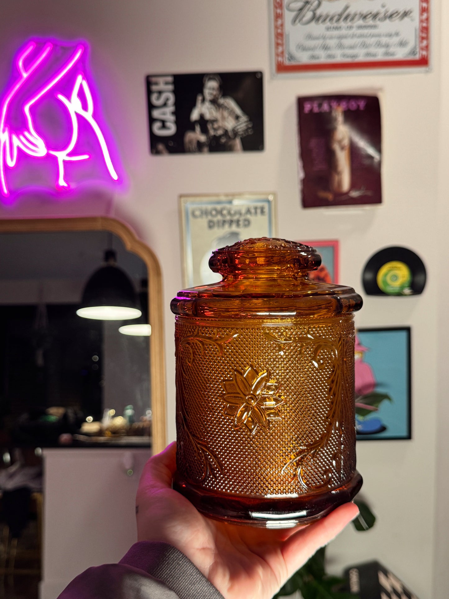 Vintage Amber Glass Lidded Canister Jar • Floral Pressed Glass • Heavy Indiana-Style Storage Jar