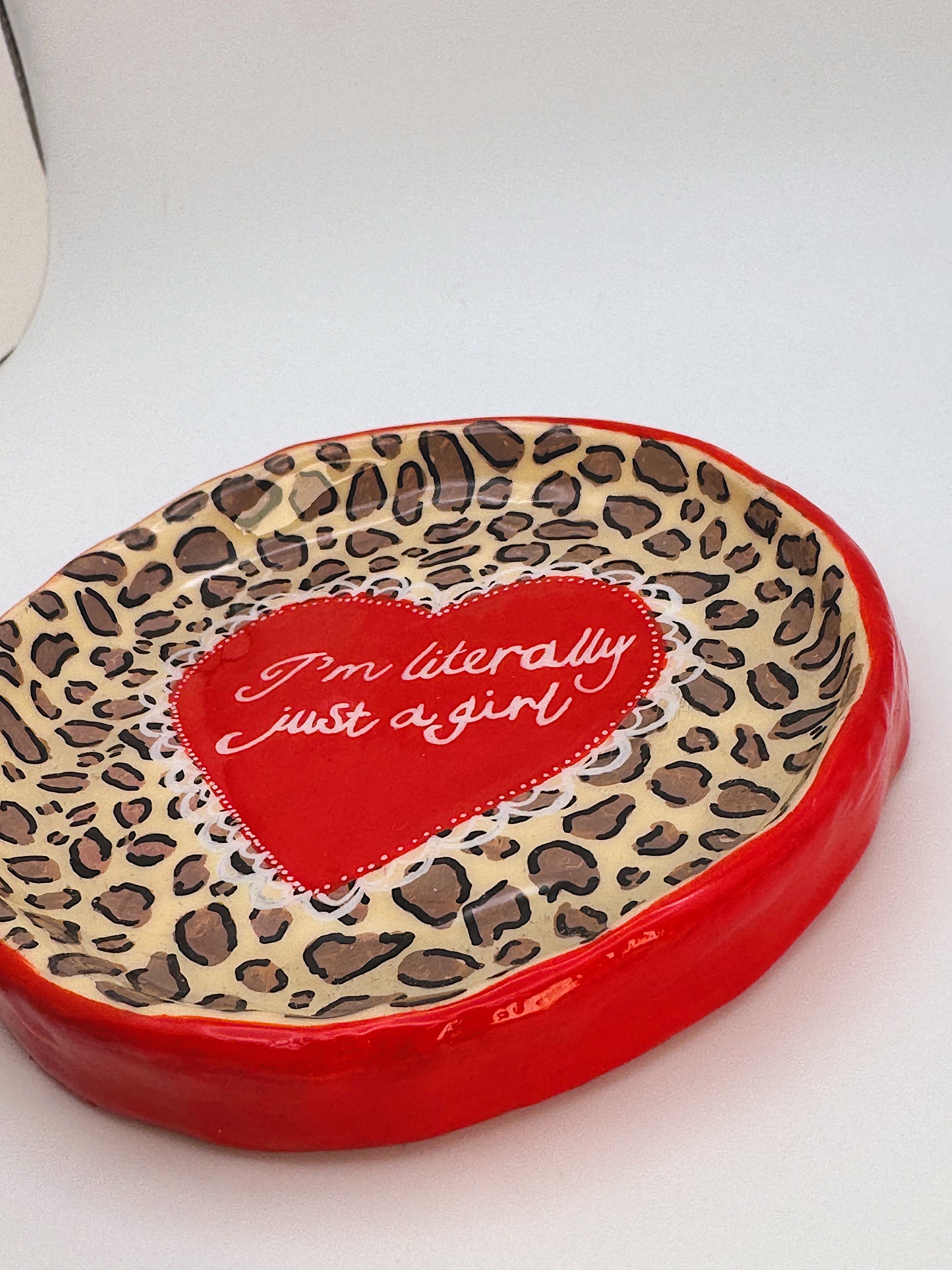 I’m Literally Just a Girl Trinket Dish – Handmade Polymer Clay Cheetah Print Dish with Heart Detail