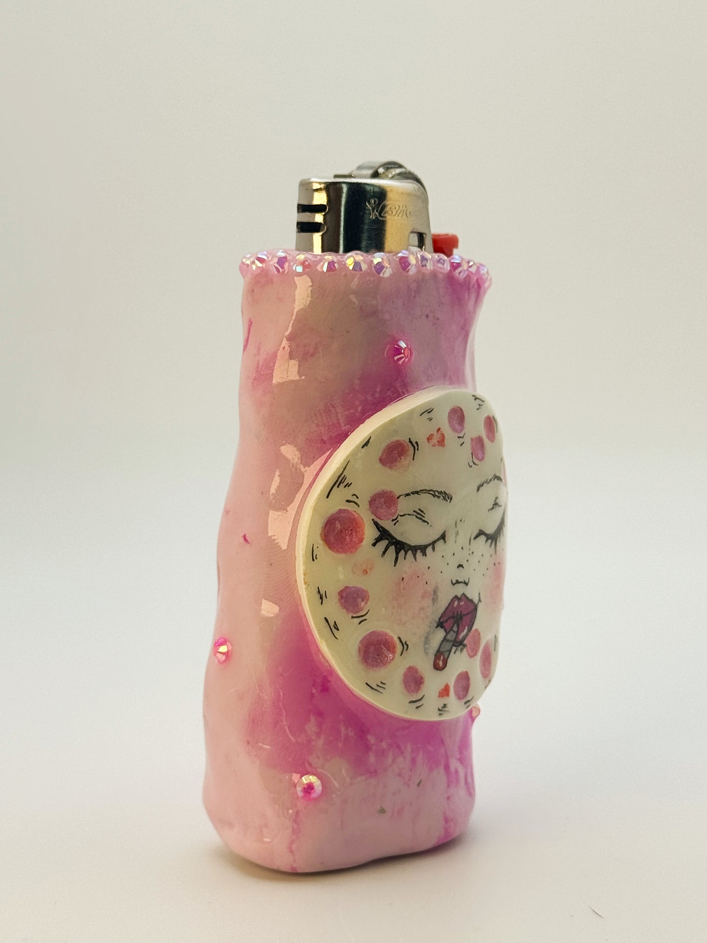 Smoking Pink Moon Lighter Case| Fits Standard Bic | Handmade Polymer Clay Art