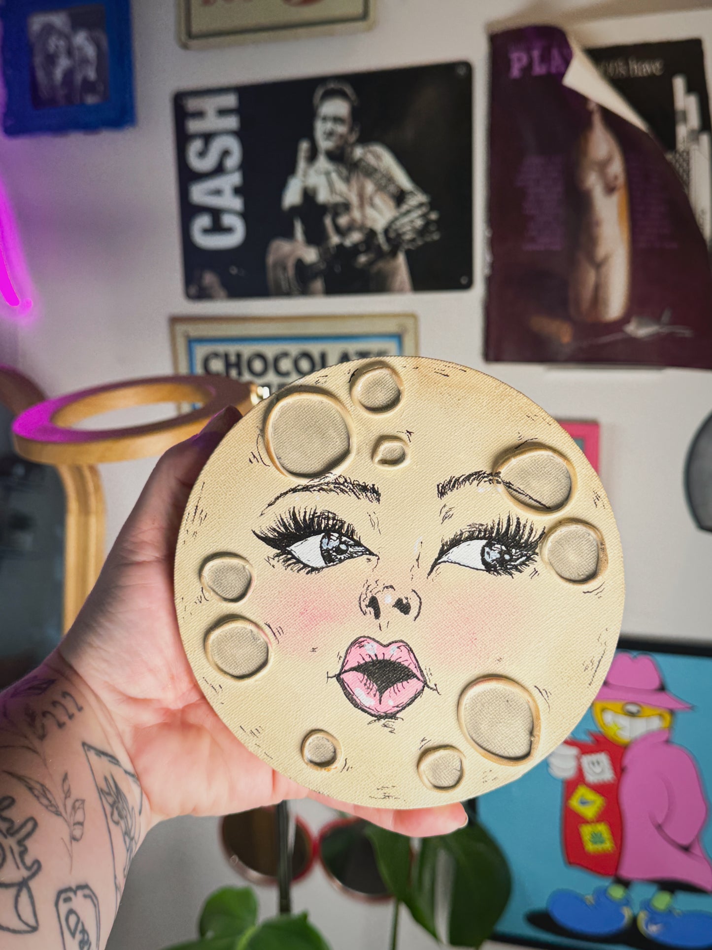 Miss Moon – Hand-Painted Moon Face Wall Art (6” Textured Canvas)