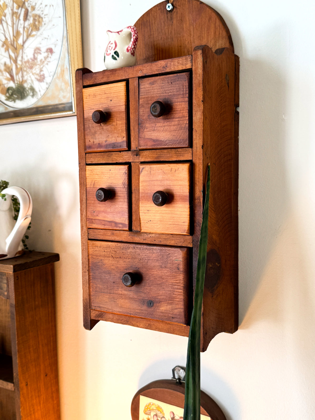 Vintage Handmade Pine Wall Spice Cabinet – 5 Drawer Apothecary