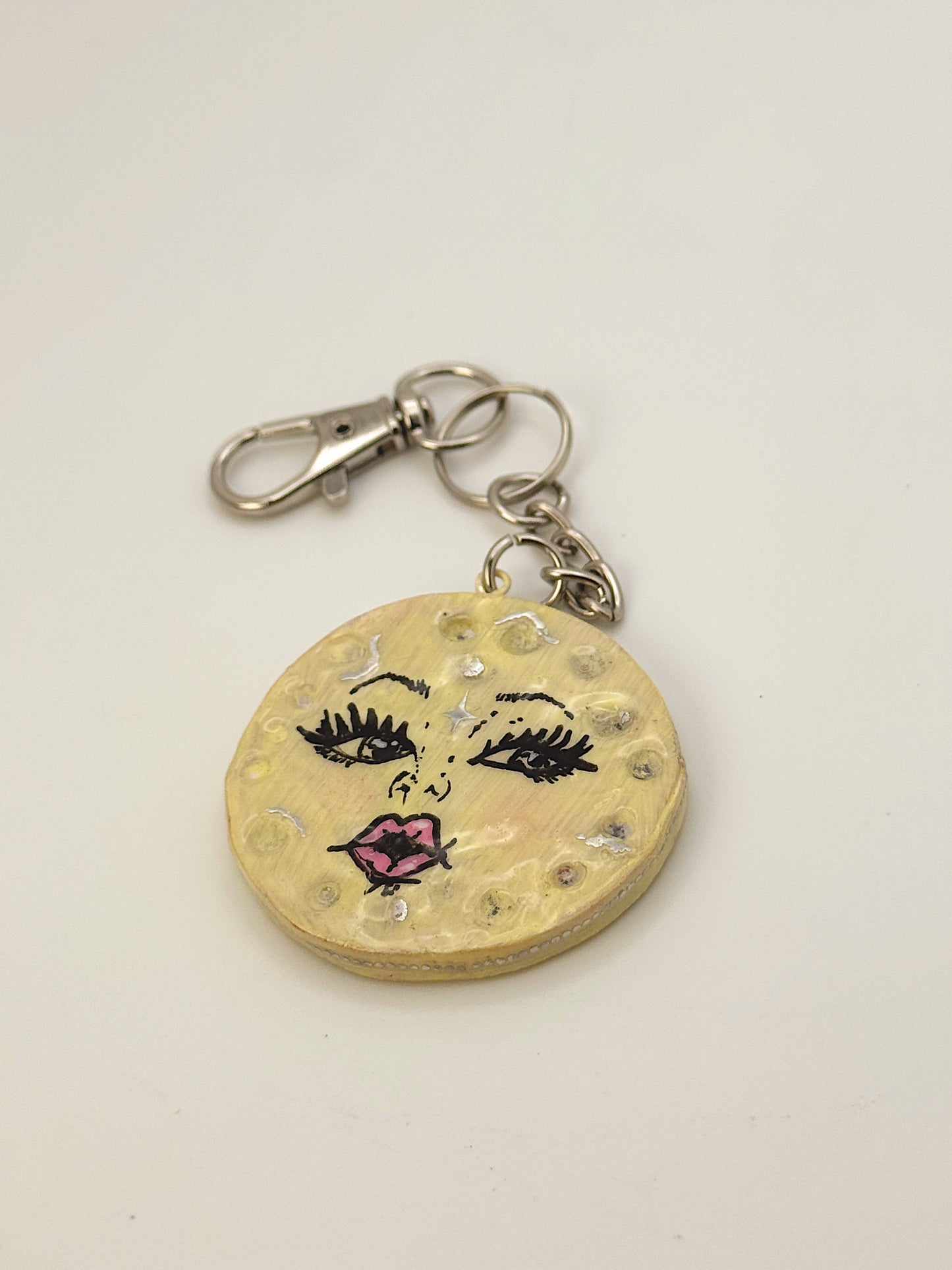 Handmade Light Moon Face Keychain – 1.5–2” – Polymer Clay Celestial Charm