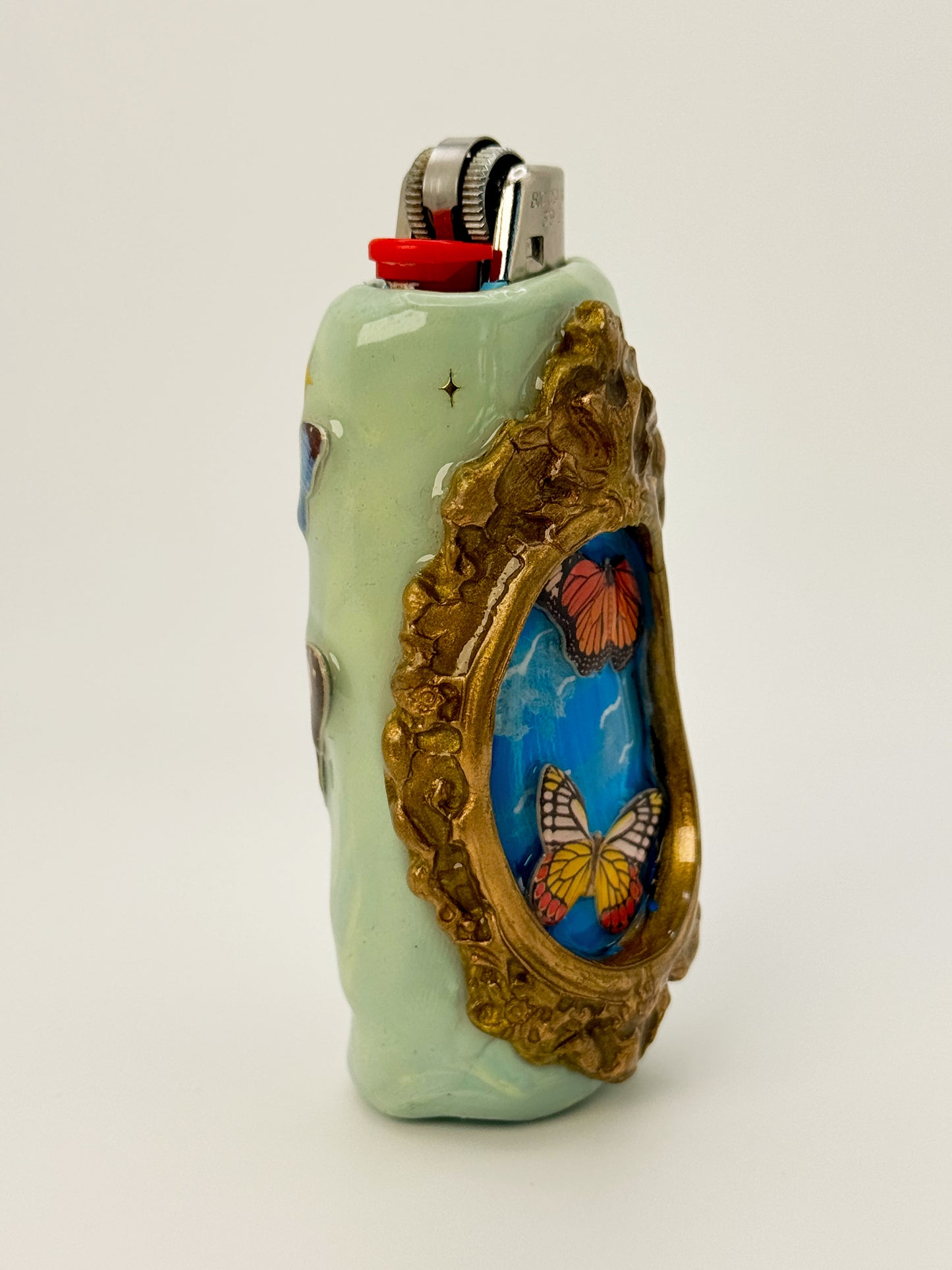 Butterfly Garden Polymer Clay Lighter Case – Vintage Portrait Style