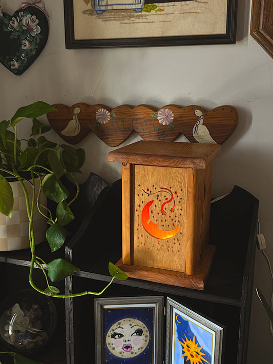 Vintage Wooden Panel Lamp – Interchangeable Light Box – Celestial / Halloween / Cottagecore Decor