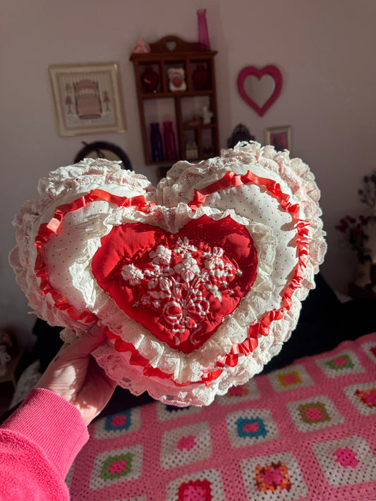 Vintage Lace & Ribbon Heart Pillow – Red & White Ruffled Valentine Décor (13”)