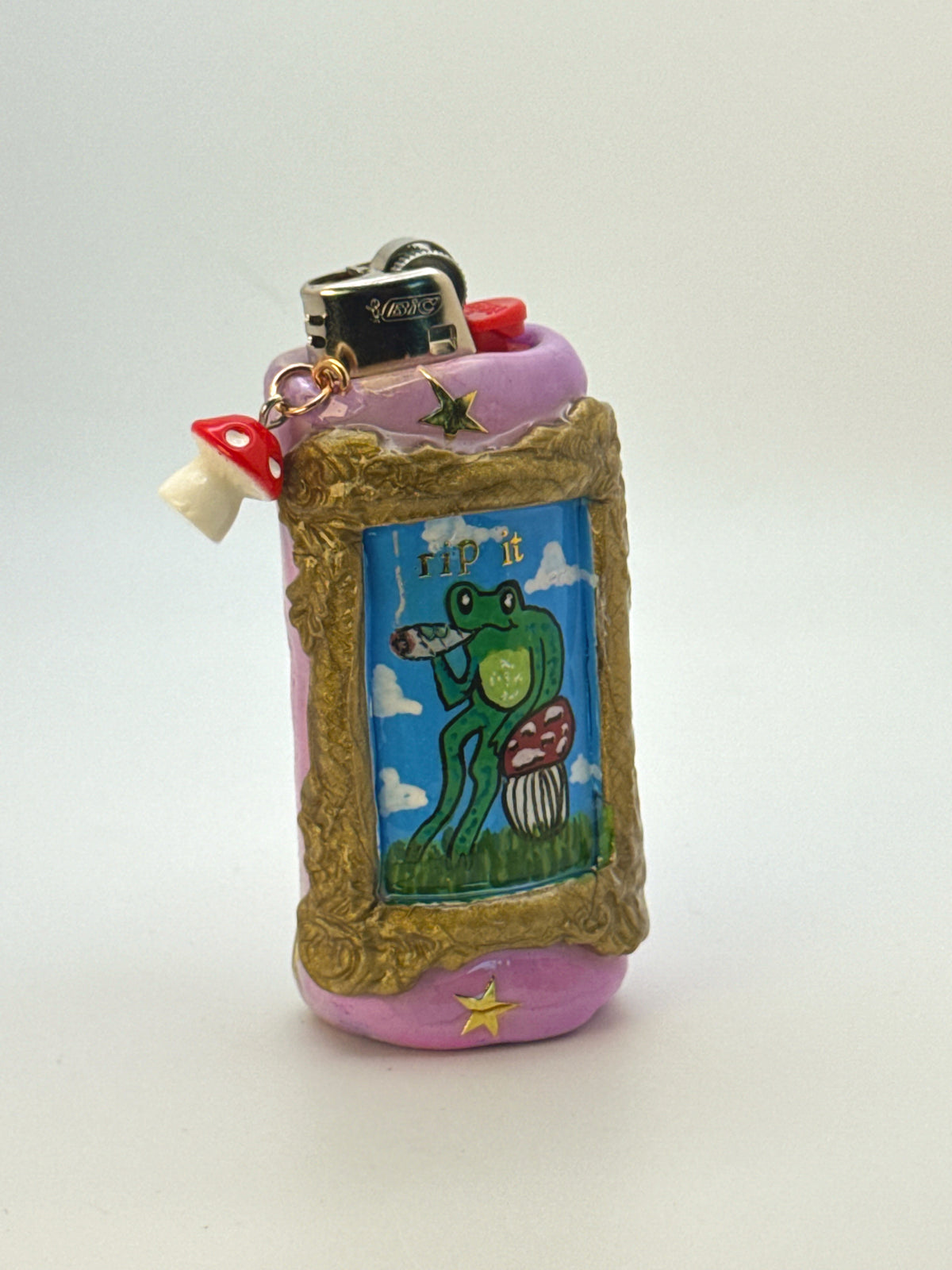 Vintage Frame Rip It Frog Case with charm| Fits Standard Bic | Handmade Polymer Clay Art