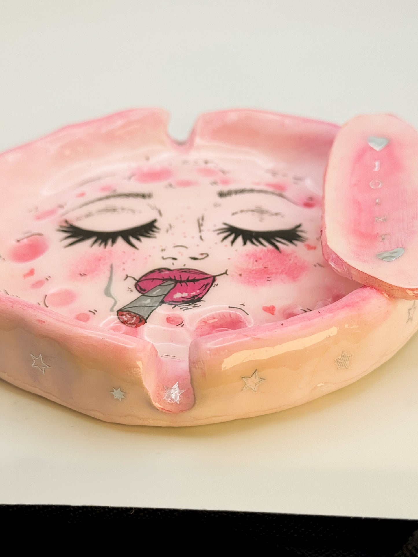 Pink Smoking Moon Ashtray – Hand-Painted Celestial Moon Dish (5.5”)