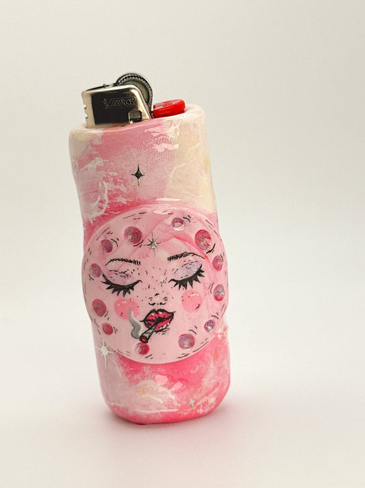 Smoking Moon Lighter Case – Handcrafted Moon Face Art Lighter Cover